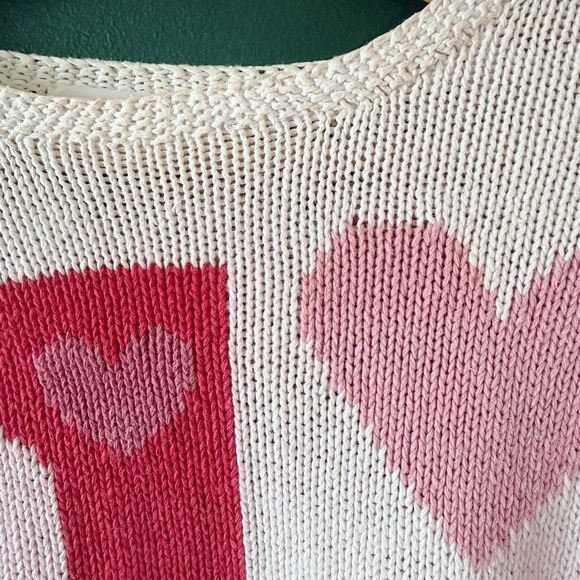 Vintage 90s TALBOTS Sweater Hand Knit Heart Print Cotton Linen Small Pink Red - Picture 2 of 5
